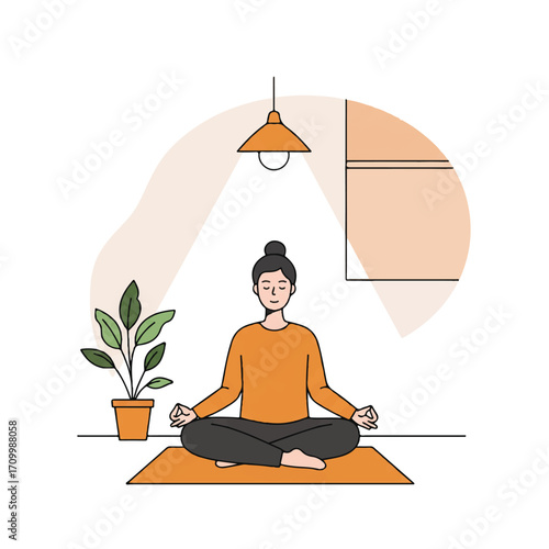 A serene 2D vector illustration shows a peaceful person meditating indoors, cross-legged on a yoga mat with eyes closed, surrounded by a subtle plant and warm, soft light.