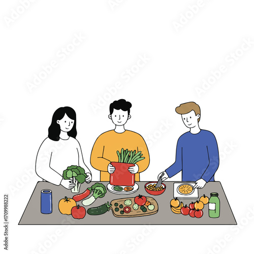 A cheerful group of friends prepares a healthy meal in a bright kitchen, surrounded by fresh vegetables and fruits on the counter, a clean 2D flat vector style.
