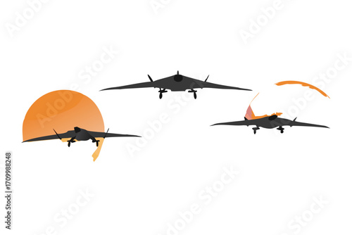 Three dark drones flying in formation with sun and clouds