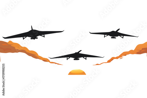 Three stealth drones flying in formation at sunset