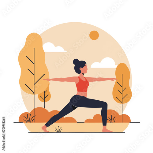 A serene woman performs yoga in a peaceful outdoor setting under a sunny sky with lush trees, depicted in a clean 2D flat vector illustration.