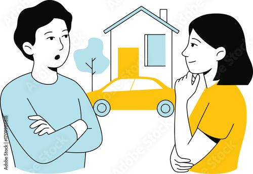 Couple discussing dream home and new car purchase, planning future investments together