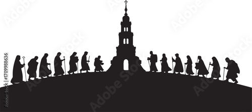 Black silhouette of a procession of figures walking towards a church steeple vector