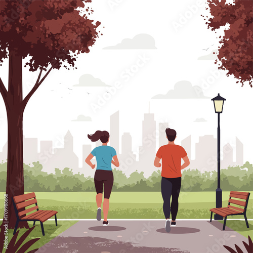 Two friends jog along a scenic park path with green trees and a distant cityscape, presented in a clean, simplified flat 2D vector illustration, depicting urban outdoor activity.