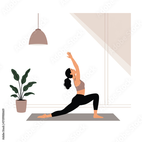 A peaceful woman performs yoga on a mat in a bright minimalist studio, featuring a potted plant and natural light, rendered as a clean 2D flat vector on a white background.