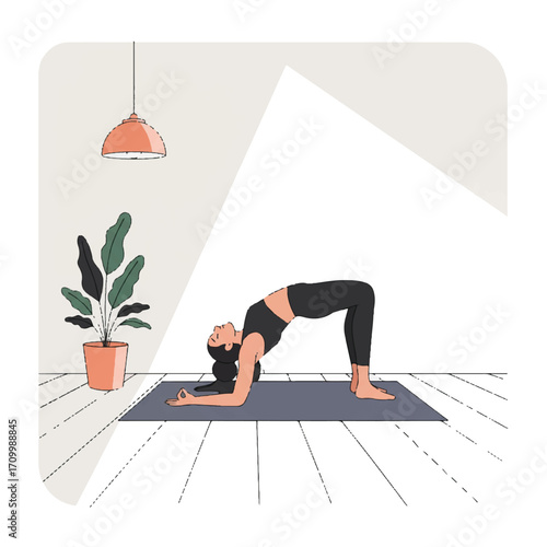 A serene woman practices a calming yoga pose on a mat in a minimalist studio, featuring a potted plant and soft lighting in a clean 2D flat vector illustration.