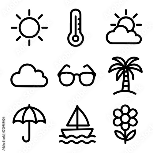 Weather and Vacation Icons Sun Thermometer Cloud Glasses Palm Umbrella Boat Flower.