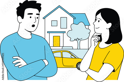 Couple contemplating dream home purchase discussing mortgage options with excitement and anticipation
