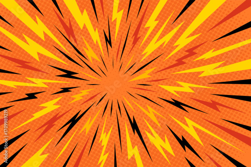 Manga thunder background shows anime comic line rays in radial flash with orange pop art style. Manga thunder bg vector template fits lightning effect, explosion frame, or abstract cartoon design.