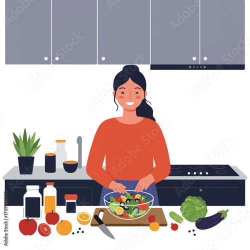 A happy person is smiling while preparing a vibrant colorful salad with fresh fruits and vegetables on a cutting board in a clean modern kitchen, presented as a 2D flat vector illustration.