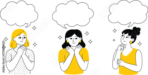 Three diverse women with thought bubbles contemplating ideas and expressing wonder in a minimalist design