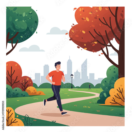 A determined man jogs along a winding park path in a vibrant 2D flat vector illustration, featuring lush green trees and a distant urban cityscape.