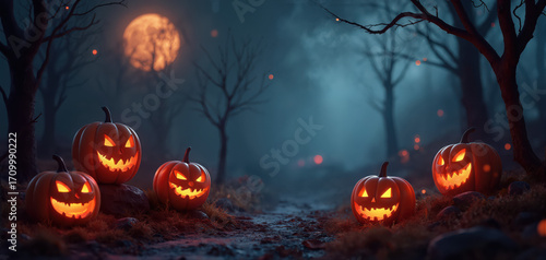 Spooky carved jack-o'-lanterns glowing brightly on a misty forest path under a dark sky with a full moon, Halloween.