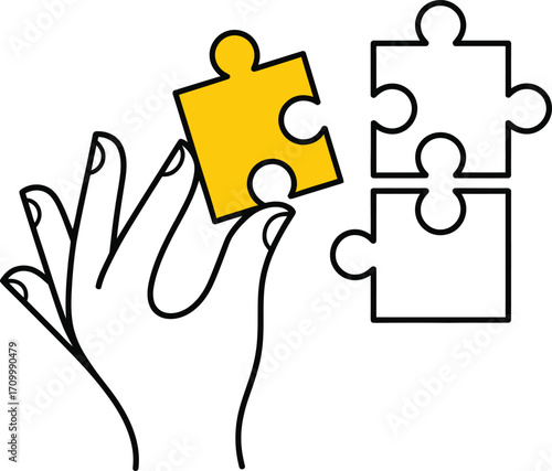 Hand carefully places final yellow puzzle piece, completing a business solution concept.
