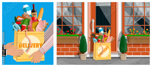 Delivery man hands passing grocery bag to woman. Food and meal shopping. Online order at doorstep. Home delivery product.