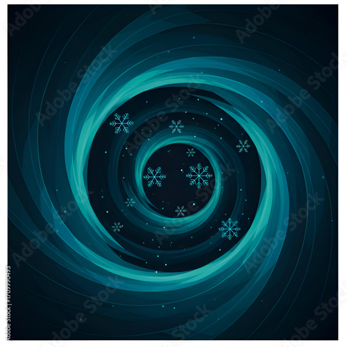 Abstract Teal and Navy Spiral with Snowflakes on Dark Background