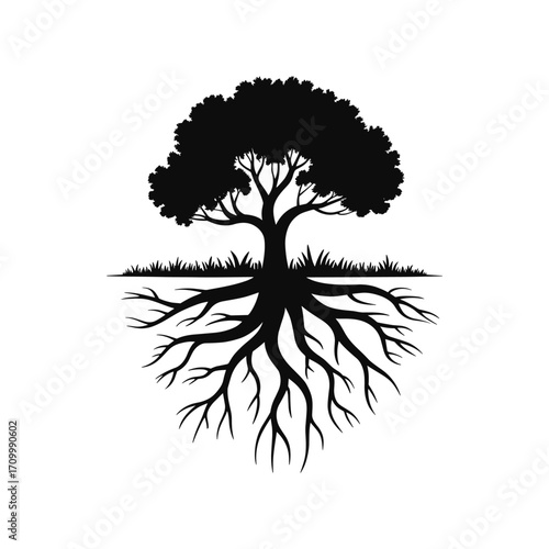 Silhouette of a majestic tree with deep roots and lush foliage above ground