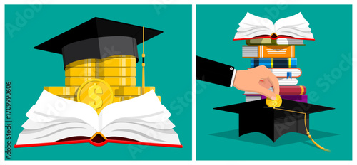 Set of graduation cap, coin, stack of book. Student loan, scholarship, university payment, education budget concept.