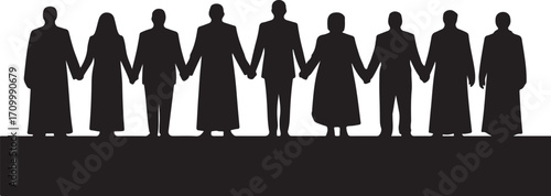 Black silhouettes of diverse people holding hands in a line group unity