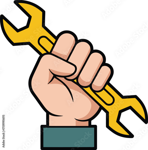 Strong hand gripping yellow wrench symbolizing repair, industry, and professional service solutions