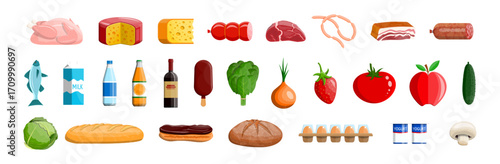 Collection of various grocery store food and drink items. Supermarket product set for market display or recipe ingredient list.