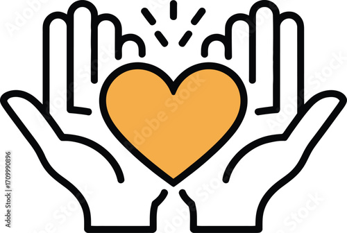 Gentle hands cradling vibrant heart, symbolizing love, care, and support in a modern, simple design.