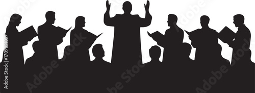 Silhouette choir singing with conductor raising arms and holding sheet music performance