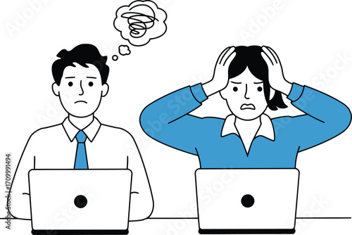 Frustrated business colleagues overwhelmed by work challenges and deadlines, struggling with technology