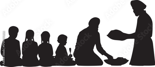 Silhouette of a group of people sitting and a person serving food vector
