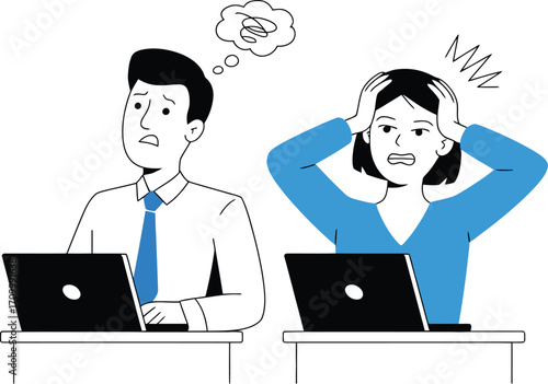 Stressed colleagues overwhelmed by demanding workload and deadlines in modern office setting