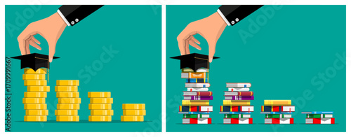 Mans hand placing graduation cap on stacked coins and books. Investment in education and knowledge concept. Cost of learning growth chart.