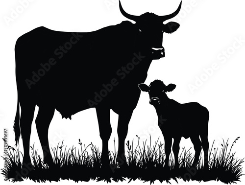 Cow and Calf Silhouette Vector — Black Illustration of Livestock Pair Standing on Grass for Farm, Nature, and Agricultural Themes