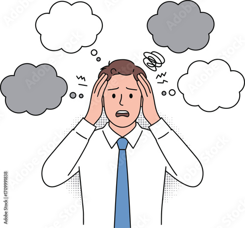 Stressed businessman overwhelmed with thoughts and worries in chaotic mindscape with empty speech bubbles