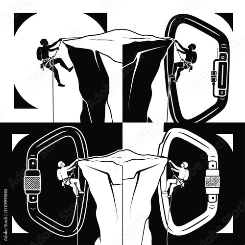 Symmetrical black and white graphic of rock climbers scaling a cliff, framed by large carabiners in a checkerboard pattern.