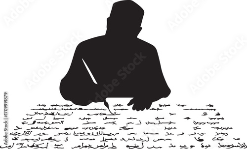 Silhouette of a person wearing a fez hat writing on a surface with Arabic script calligraphy