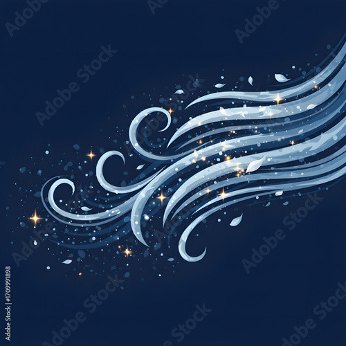Swirling Light Blue Waves with Stars and Leaves on Navy Background