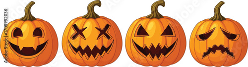 Four jack-o'-lanterns with diverse expressions arranged in a row