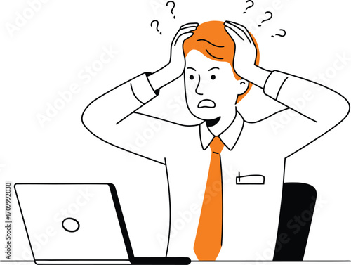 Frustrated businessman with head in hands near laptop, overwhelmed by complex tasks and deadlines