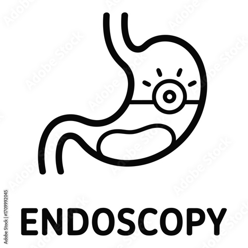 Endoscopy procedure with stomach diagram illustrating internal examination and diagnosis with probe tool silhouette