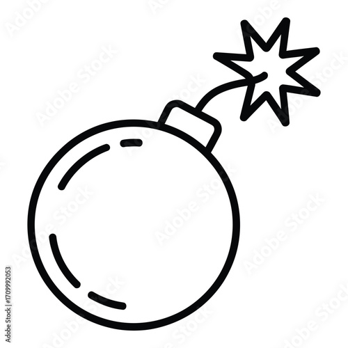 A simple cartoon bomb with a lit fuse ready to explode in a black and white illustration style image silhouette