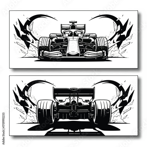 A dynamic black and white graphic illustration of a modern formula racing car, showing detailed front and rear views.