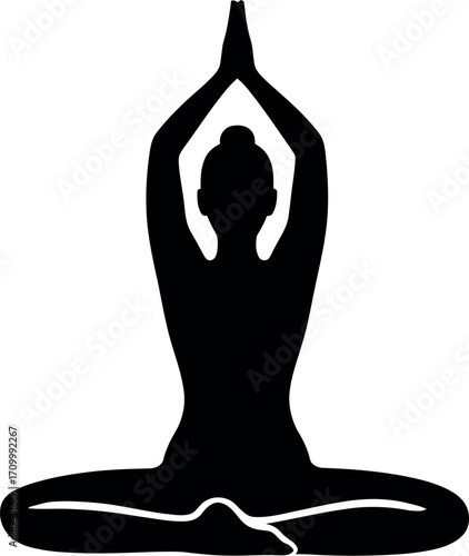 Silhouette of a person in a serene yoga pose, meditating with hands clasped overhead.