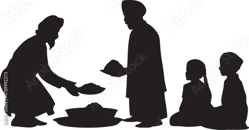Silhouette of an elder man serving food to children and another man people family