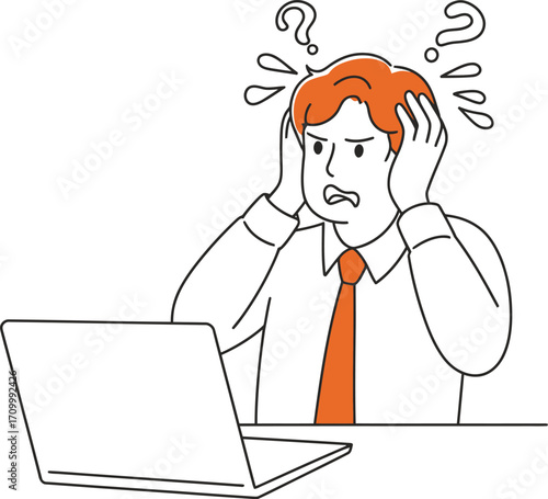 Frustrated businessman with hands on head staring at laptop, feeling overwhelmed and confused by work challenges