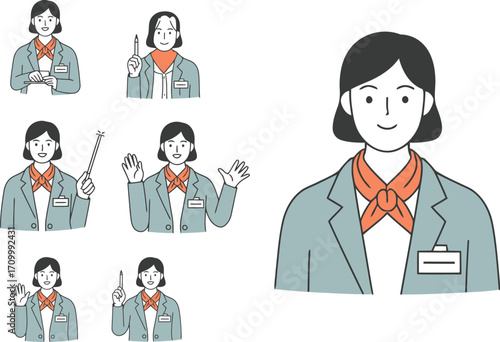 Professional woman in business attire demonstrating ideas and engaging with audience in clean modern style