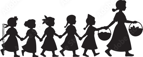 Silhouette of children in a line holding hands with a woman carrying a basket vector