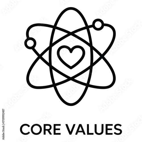 Heart atom symbol representing core values and principles with orbital electrons and nucleus concept silhouette
