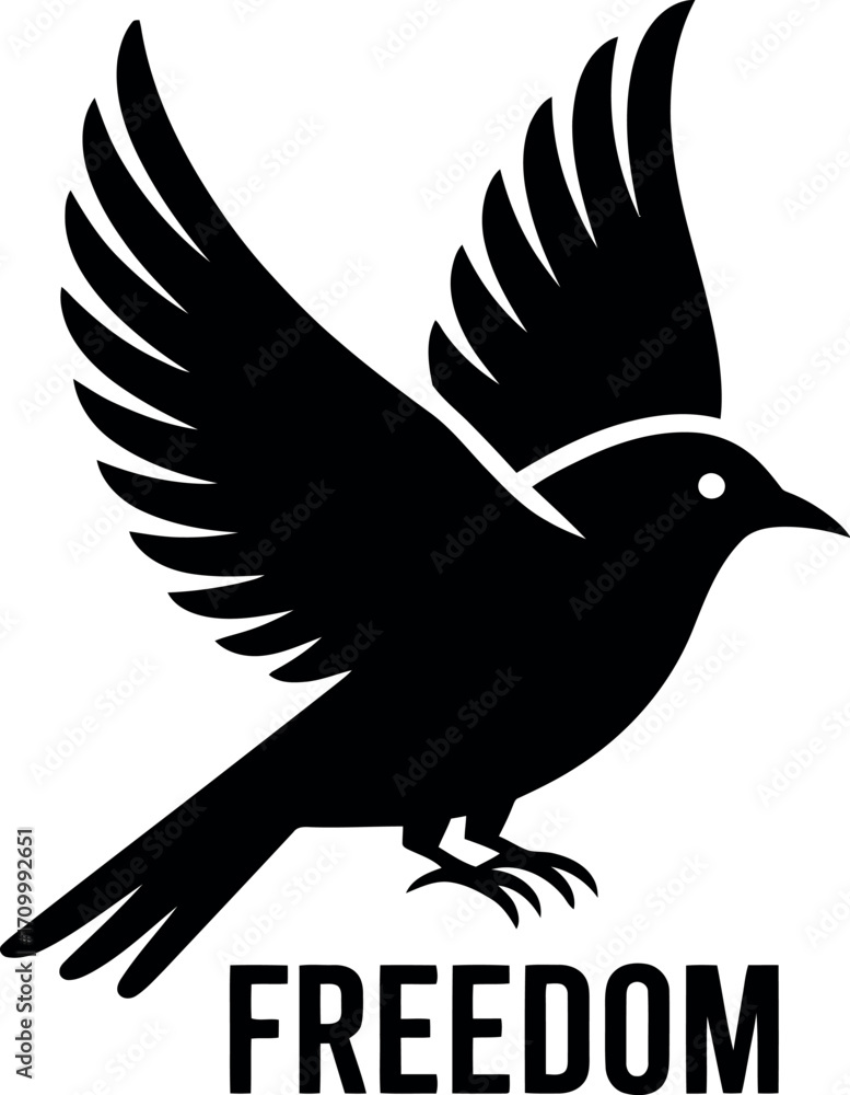 Obraz premium Black silhouette of a bird with outstretched wings taking flight, symbolizing freedom