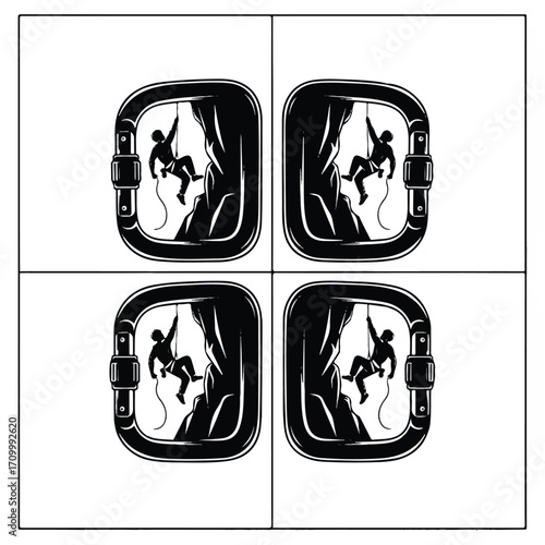Four identical graphic illustrations of a rock climber rappelling down a cliff, framed within a carabiner shape, in black and white.