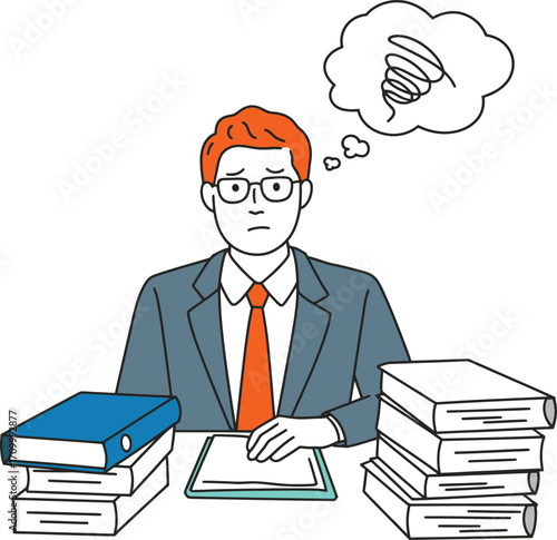 Overwhelmed businessman drowning in paperwork feels stressed and confused while working at his desk.